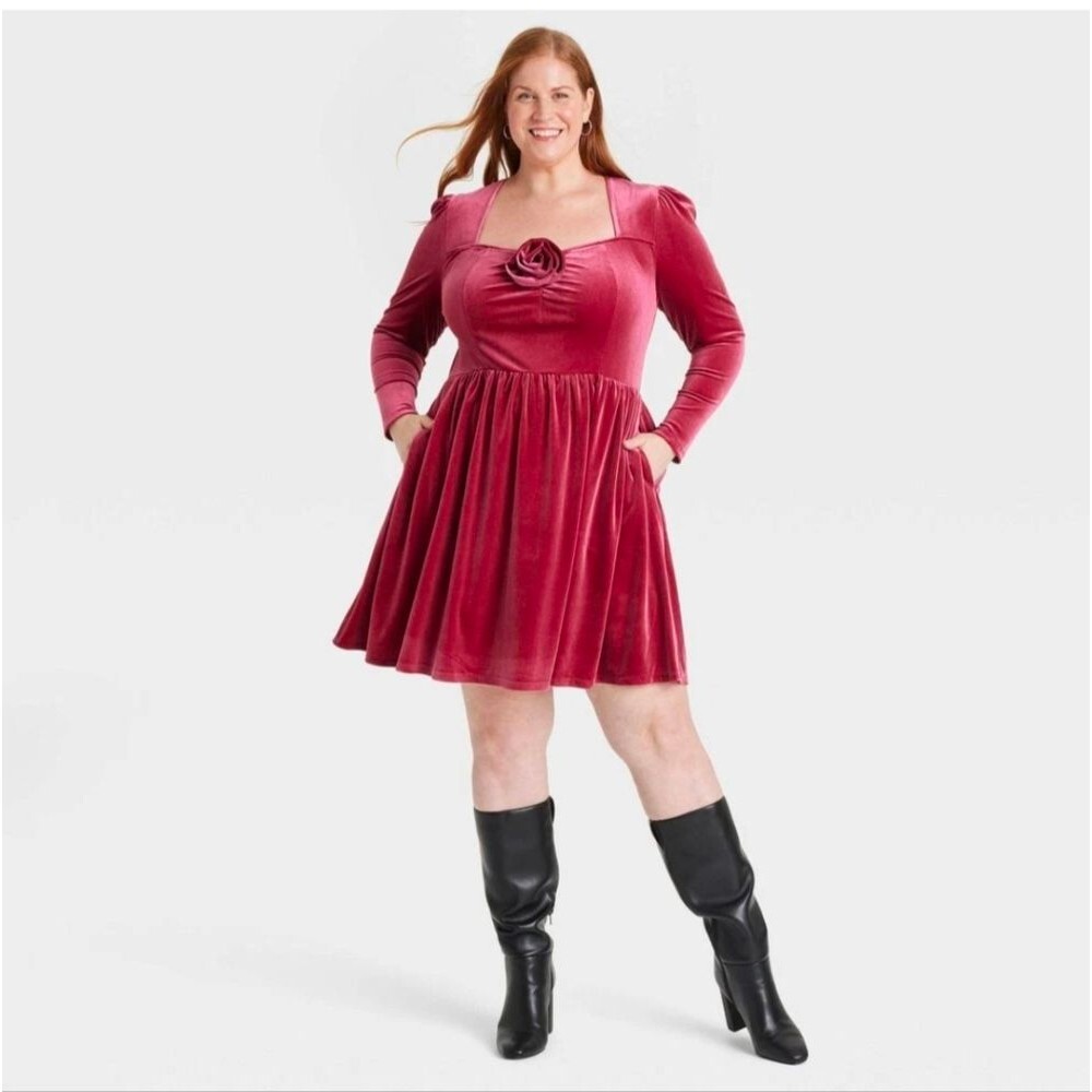 Ava & Viv Dress 1X Rose Velvet Sweetheart Neckline Rosette Midi A-Line